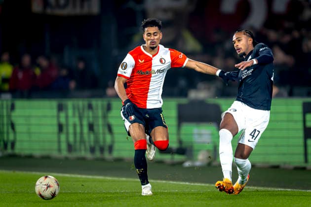 SC Feyenoord Rotterdam forwarder Goncalo Borges, SK Sturm Graz defender Emanuel Aiwu during the match SC Feyenoord Rotterdam vs SK Sturm Graz at the for the Europa League League phase Matchday 7 season 2025 2026 in ROTTERDAM, Netherlands on 22 january 2026, photo by Marcel van Dorst EYE4images DeFodi Images