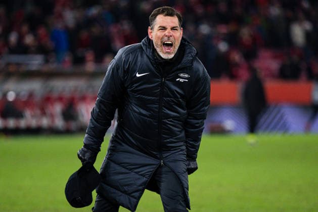 260122 Head coach Freyr Alexandersson of Brann celebrates after the UEFA Europa League football match between Brann and Midtjylland on January 22, 2026 in Bergen Photo Marius Simensen BILDBYRAN COP 238 MM0054 bbeng brann football fotball fotball jubel midtjylland soccer uefa europa league  Copyright: MARIUSxSIMENSEN BB260122ZP059