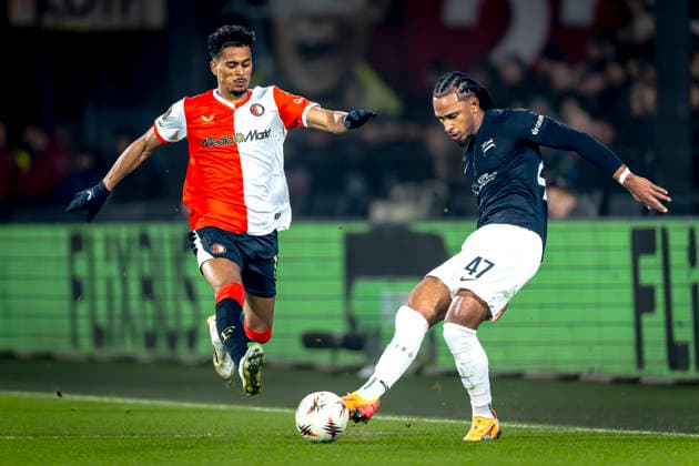 SC Feyenoord Rotterdam forwarder Goncalo Borges, SK Sturm Graz defender Emanuel Aiwu during the match SC Feyenoord Rotterdam vs SK Sturm Graz at the for the Europa League League League phase Matchday 7 season 2025 2026 in ROTTERDAM, Netherlands on 22 january 2026, photo by Marcel van Dorst EYE4images DeFodi Images