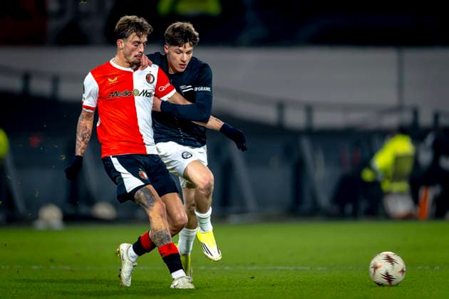 SC Feyenoord Rotterdam midfielder Luciano Valente, SK Sturm Graz midfielder Filip Rozga during the match SC Feyenoord Rotterdam vs SK Sturm Graz at the for the Europa League League phase Matchday 7 season 2025 2026 in ROTTERDAM, Netherlands on 22 january 2026, photo by Marcel van Dorst EYE4images DeFodi Images
