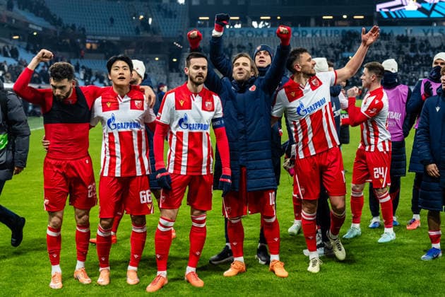 Malmo FF v Crvena Zvezda, UEFA Europa League, Malmo Sweden Malmo, Sweden. 22nd, January 2026. The players of Crvena Zvezda seen celebrating with the fans after the win in the UEFA Europa League match between Malmo FF and Crvena Zvezda at Eleda Stadion in Malmo. Sweden, Malmo, Eleda Stadion  Copyright: xGonzalesxPhoto TobiasxJorgensenx