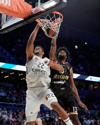 REAL MADRID v AS MONACO. EUROLEAGUE 2025 2026. REGULAR SEASON. ROUND 24. Real Madrid s Walter Tavares (l) and AS Monaco s Kevarrius Hayes during Euroleague Regular Season Round 24 match. January 22, 2026. (ALTERPHOTOS Acero) MadridSpain  Copyright: xAcerox