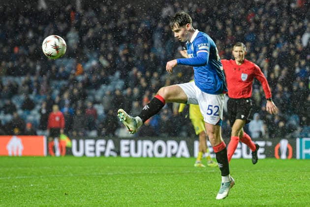 Rangers v Ludogorets Razgrad UEFA Europa League Mikey Moore of Rangers is shown a yellow card by the match referee Manfredas Lukjancukas for kicking the ball away during the UEFA Europa League match at Ibrox Stadium, Glasgow 22 01 2026 UK Newspapers OUT Copyright: xJamiexJohnstonx FIL-22851-0036