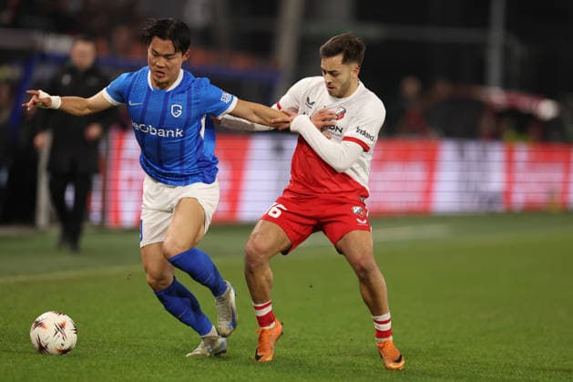Hyeongyu Oh of KRC Genk with Souffian El Karouani of FC Utrecht during the match FC Utrecht vs KRC Genk at the De Galgenwaard for the UEFA Europa League season 2025 2026 in UTRECHT, Netherlands on 22 january 2026, photo by Peter Lous EYE4images DeFodi Images