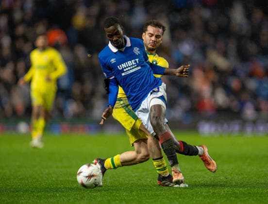 22nd January 2026; Ibrox Stadium, Glasgow, Scotland; UEFA Europa League Football, Rangers versus Ludogrets; Pedro Naressi of Ludogorets Razgrad tackles Mohamed Diomande of Rangers  VagelisxGeorgariou