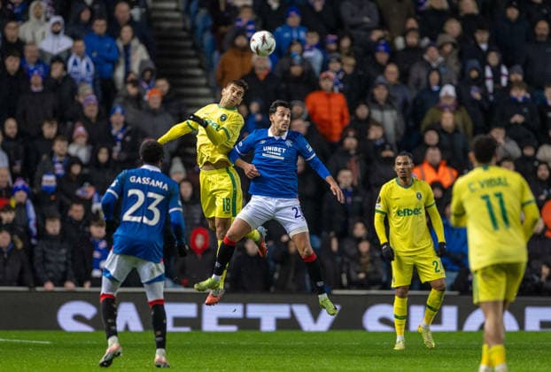 22nd January 2026; Ibrox Stadium, Glasgow, Scotland; UEFA Europa League Football, Rangers versus Ludogrets; Ivaylo Chochev of Ludogorets Razgrad and Bojan Miovski of Rangers jump for the ball  VagelisxGeorgariou