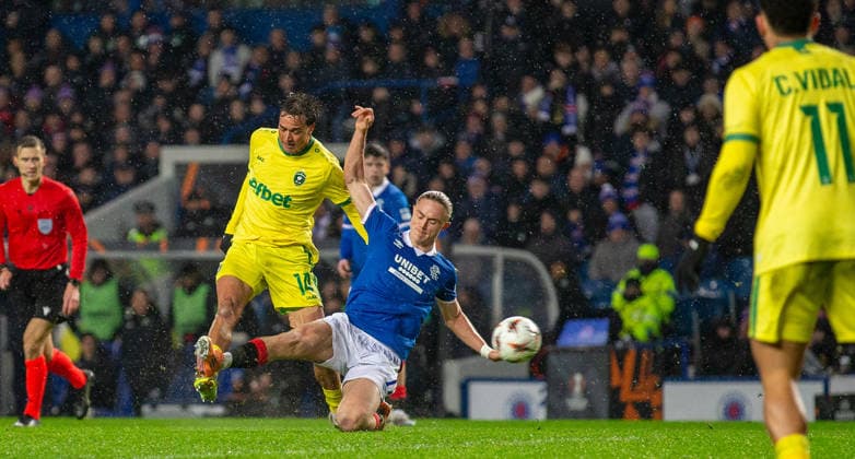 22nd January 2026; Ibrox Stadium, Glasgow, Scotland; UEFA Europa League Football, Rangers versus Ludogrets; Thelo Aasgaard of Rangers attempts to block a shot from Petar Stanic of Ludogorets Razgrad  VagelisxGeorgariou
