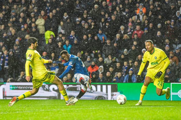 Rangers v Ludogorets Razgrad UEFA Europa League Djeidi Gassama of Rangers shoots during the UEFA Europa League match at Ibrox Stadium, Glasgow 22 01 2026 UK Newspapers OUT Copyright: xJamiexJohnstonx FIL-22851-0068