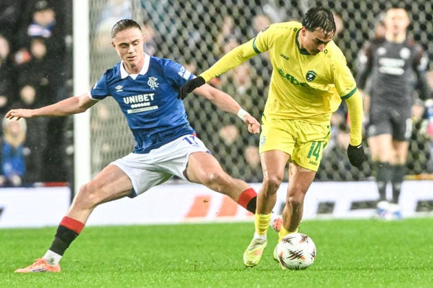 Rangers v Ludogorets Razgrad UEFA Europa League Thelo Aasgaard of Rangers and Petar Stanic of Ludogorets Razgrad during the UEFA Europa League match at Ibrox Stadium, Glasgow 22 01 2026 UK Newspapers OUT Copyright: xJamiexJohnstonx FIL-22851-0124