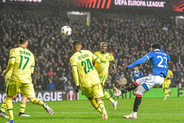 Rangers v Ludogorets Razgrad UEFA Europa League Djeidi Gassama of Rangers shot is blocked by Olivier Verdon of Ludogorets Razgrad during the UEFA Europa League match at Ibrox Stadium, Glasgow 22 01 2026 UK Newspapers OUT Copyright: xJamiexJohnstonx FIL-22851-0131