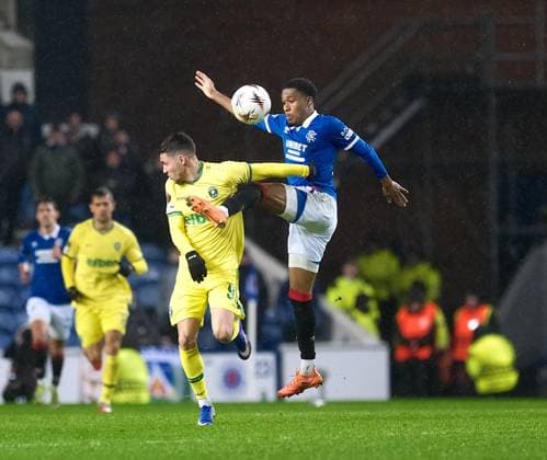UK: Rangers v Ludogorets Razgrad, UEFA Europa League at Ibrox Stadium, Glasgow, Scotland on 22 January 2026: Pictured: Stanislav Ivanov (Lodogorets) and Jayden Meghoma (Rangers) Glasgow Ibrox Stadium Scotland Copyright: xAlexxToddx