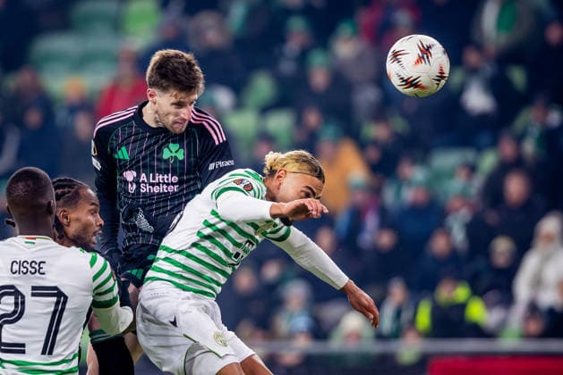 FERENCVAROS - PANATHINAIKOS Cebrails Makreckis of Ferencvaros and Giorgos Kiriakopoulos of Panathinaikos during the league phase of UEFA Europa league football match between Ferencvarosi TC and Panathinaikos FC. Groupama Arena, Ferencvaros Arena, Budapest, Hungary, January 22, 2026. Photo by Branislav Racko Copyright: xx 080A7184