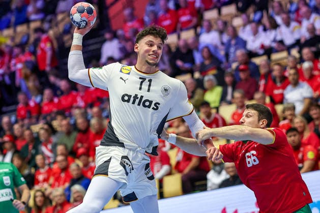 22 01 2026, Handball, Men s EHF EURO 2026, Germany Portugal, Jyske Bank Boxen in Herning, Denmark, Main Round Marko Grgic Germany 71 Joao Pedro Vinhas Silva Gomes Portugal 66 Denmark