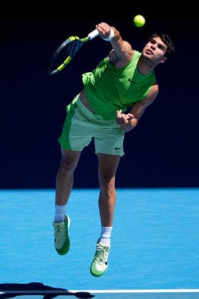 January 23, 2026, Melbourne, Australia: 1st seed CARLOS ALCARAZ of Spain in action against 32nd seed Corentin Moutet of France on Rod Laver Arena in a Men s Singles 3rd round match on day 6 of the 2026 Australian Open in Melbourne. Alcaraz won 6-2 6-4 6-1. Melbourne Australia - ZUMAc04_ 20260123_faf_c04_020 Copyright: xSydneyxLowx