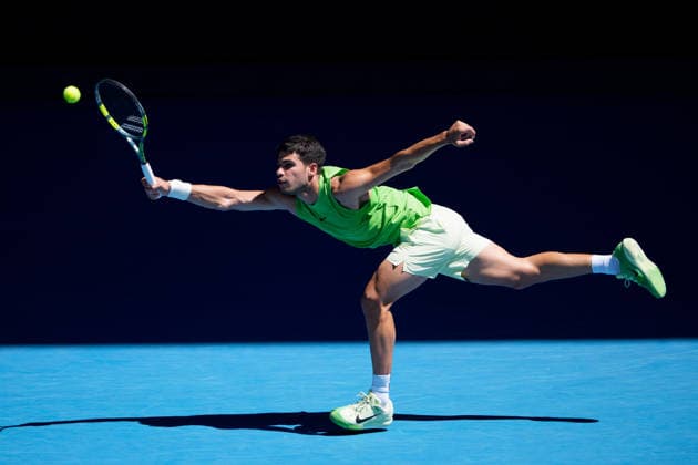 January 23, 2026, Melbourne, Australia: 1st seed CARLOS ALCARAZ of Spain in action against 32nd seed Corentin Moutet of France on Rod Laver Arena in a Men s Singles 3rd round match on day 6 of the 2026 Australian Open in Melbourne. Alcaraz won 6-2 6-4 6-1. Melbourne Australia - ZUMAc04_ 20260123_faf_c04_022 Copyright: xSydneyxLowx
