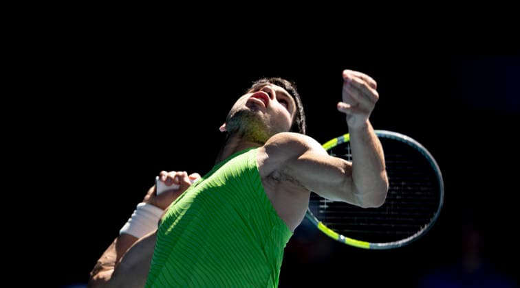 (260123) -- MELBOURNE, Jan. 23, 2026 -- Carlos Alcaraz of Spain serves during the men s singles 3rd round match against Corentin Moutet of France at the Australian Open tennis tournament in Melbourne, Australia, Jan. 23, 2026. (Photo by Xinhua) (SP)AUSTRALIA-MELBOURNE-TENNIS-AUSTRALIAN OPEN-MEN S SINGLES HuxJingchen 
