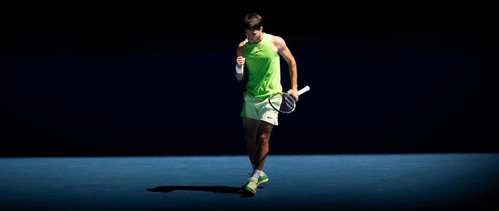 (260123) -- MELBOURNE, Jan. 23, 2026 -- Carlos Alcaraz of Spain celebrates scoring during the men s singles 3rd round match against Corentin Moutet of France at the Australian Open tennis tournament in Melbourne, Australia, Jan. 23, 2026. (Photo by Xinhua) (SP)AUSTRALIA-MELBOURNE-TENNIS-AUSTRALIAN OPEN-MEN S SINGLES HuxJingchen 
