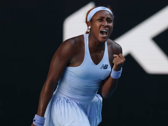 (260123) -- MELBOURNE, Jan. 23, 2026 -- Coco Gauff of the United States reacts during the women s singles 3rd round match against Hailey Baptiste of the United States at the Australian Open tennis tournament in Melbourne, Australia, Jan. 23, 2026. ) (SP)AUSTRALIA-MELBOURNE-TENNIS-AUSTRALIAN OPEN-WOMEN S SINGLES MaxPing 