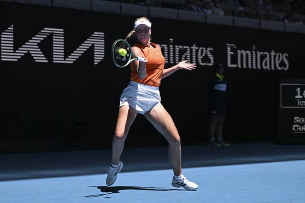 Australian Open 2026 MELBOURNE, AUSTRALIA - JANUARY 23: Clara Tauson (DEN) in action against Victoria Mboko (CAN) (not seen) in round 3 of the Australian Open grand slam tennis tournament at Melbourne Park in Melbourne, Australia on January 23, 2026 Mark Avellino Anadolu Melbourne Australia. Editorial use only. Please get in touch for any other usage.  Copyright: x2026xAnadoluxMarkxAvellinox