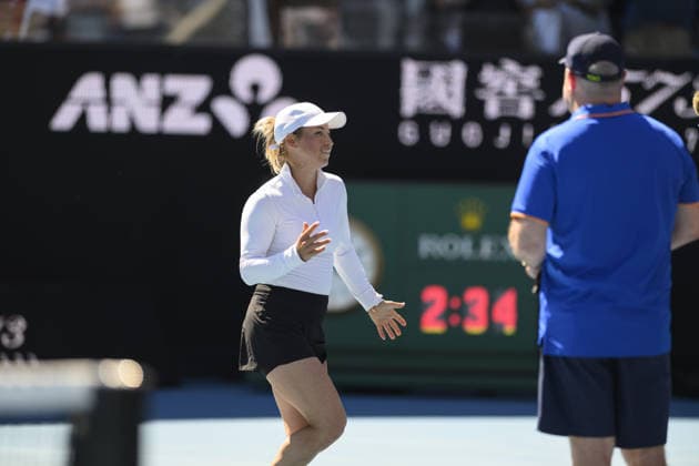 Australian Open 2026 MELBOURNE, AUSTRALIA - JANUARY 23: Yulia Putintseva (KAZ) reaction after winning her match against Zeynep Sonmez (TUR) (not seen) and moving to the fourth round of the Australian Open grand slam tennis tournament at Melbourne Park in Melbourne, Australia on January 23, 2026 Mark Avellino Anadolu Melbourne Australia. Editorial use only. Please get in touch for any other usage.  Copyright: x2026xAnadoluxMarkxAvellinox