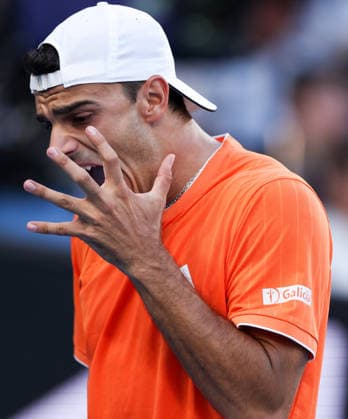 (260123) -- MELBOURNE, Jan. 23, 2026 -- Francisco Cerundolo reacts during the men s singles 3rd round match between Andrey Rublev of Russia and Francisco Cerundolo of Argentina at the Australian Open tennis tournament in Melbourne, Australia, Jan. 23, 2026. ) (SP)AUSTRALIA-MELBOURNE-TENNIS-AUSTRALIAN OPEN-MEN S SINGLES MaxPing 