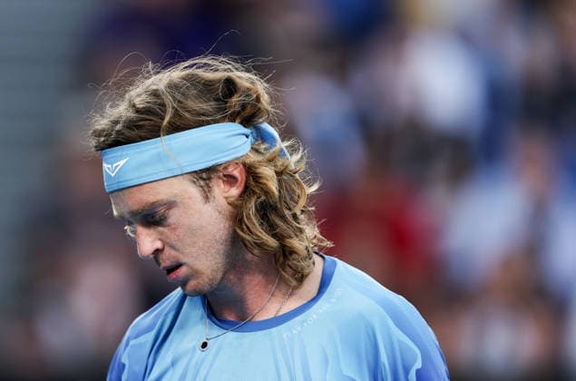 (260123) -- MELBOURNE, Jan. 23, 2026 -- Andrey Rublev reacts during the men s singles 3rd round match between Andrey Rublev of Russia and Francisco Cerundolo of Argentina at the Australian Open tennis tournament in Melbourne, Australia, Jan. 23, 2026. ) (SP)AUSTRALIA-MELBOURNE-TENNIS-AUSTRALIAN OPEN-MEN S SINGLES MaxPing 
