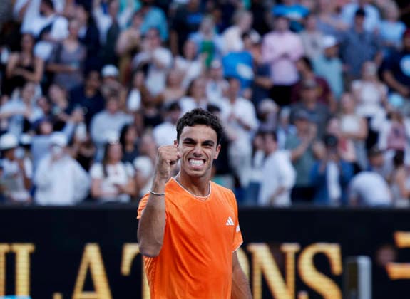 (260123) -- MELBOURNE, Jan. 23, 2026 -- Francisco Cerundolo celebrates after the men s singles 3rd round match between Andrey Rublev of Russia and Francisco Cerundolo of Argentina at the Australian Open tennis tournament in Melbourne, Australia, Jan. 23, 2026. ) (SP)AUSTRALIA-MELBOURNE-TENNIS-AUSTRALIAN OPEN-MEN S SINGLES MaxPing 