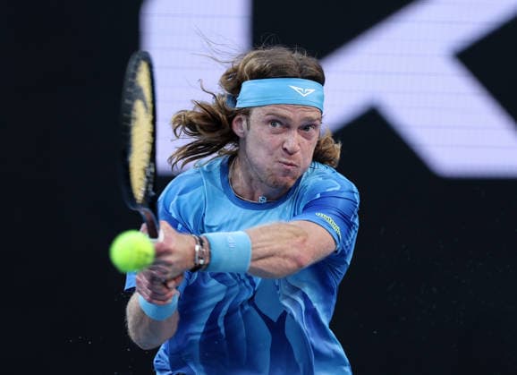 (260123) -- MELBOURNE, Jan. 23, 2026 -- Andrey Rublev hits a return during the men s singles 3rd round match between Andrey Rublev of Russia and Francisco Cerundolo of Argentina at the Australian Open tennis tournament in Melbourne, Australia, Jan. 23, 2026. ) (SP)AUSTRALIA-MELBOURNE-TENNIS-AUSTRALIAN OPEN-MEN S SINGLES MaxPing 