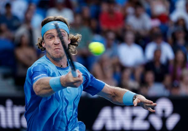 (260123) -- MELBOURNE, Jan. 23, 2026 -- Andrey Rublev hits a return during the men s singles 3rd round match between Andrey Rublev of Russia and Francisco Cerundolo of Argentina at the Australian Open tennis tournament in Melbourne, Australia, Jan. 23, 2026. ) (SP)AUSTRALIA-MELBOURNE-TENNIS-AUSTRALIAN OPEN-MEN S SINGLES MaxPing 