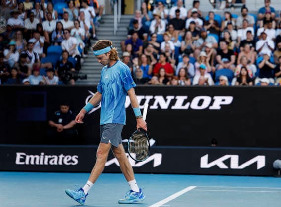 (260123) -- MELBOURNE, Jan. 23, 2026 -- Andrey Rublev reacts during the men s singles 3rd round match between Andrey Rublev of Russia and Francisco Cerundolo of Argentina at the Australian Open tennis tournament in Melbourne, Australia, Jan. 23, 2026. ) (SP)AUSTRALIA-MELBOURNE-TENNIS-AUSTRALIAN OPEN-MEN S SINGLES MaxPing 