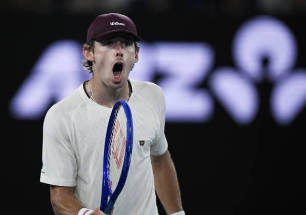 (260123) -- MELBOURNE, Jan. 23, 2026 -- Alex de Minaur celebrates scoring during the men s singles 3rd round match between Alex de Minaur of Australia and Frances Tiafoe of the United States at the Australian Open tennis tournament in Melbourne, Australia, Jan. 23, 2026. (Photo by Xinhua) (SP)AUSTRALIA-MELBOURNE-TENNIS-AUSTRALIAN OPEN-MEN S SINGLES WangxShen 