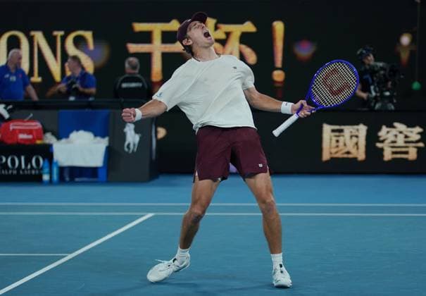 (260123) -- MELBOURNE, Jan. 23, 2026 -- Alex de Minaur celebrates winning the men s singles 3rd round match between Alex de Minaur of Australia and Frances Tiafoe of the United States at the Australian Open tennis tournament in Melbourne, Australia, Jan. 23, 2026. (Photo by Xinhua) (SP)AUSTRALIA-MELBOURNE-TENNIS-AUSTRALIAN OPEN-MEN S SINGLES WangxShen 