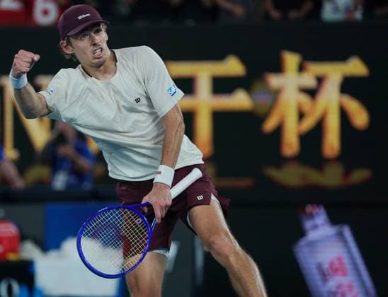 (260123) -- MELBOURNE, Jan. 23, 2026 -- Alex de Minaur celebrates winning the men s singles 3rd round match between Alex de Minaur of Australia and Frances Tiafoe of the United States at the Australian Open tennis tournament in Melbourne, Australia, Jan. 23, 2026. (Photo by Xinhua) (SP)AUSTRALIA-MELBOURNE-TENNIS-AUSTRALIAN OPEN-MEN S SINGLES WangxShen 