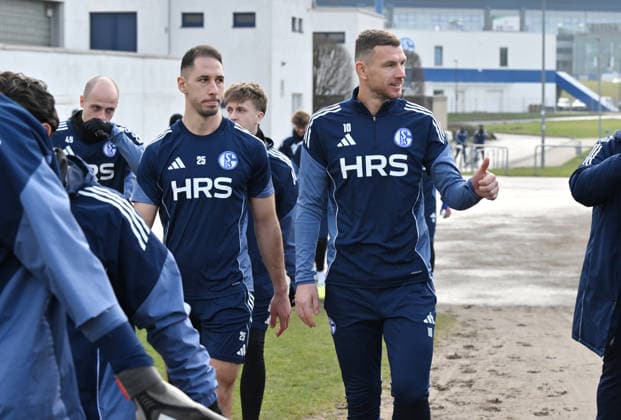 Edin Dzeko FC Schalke 04 , Nikola Katic FC Schalke 04 , v re 23 01 2026, Soccer 2 Bundesliga, Season 2025 2026, Training FC Schalke 04 Gelsenkirchen Nordrhein Westfalen Germany Team2