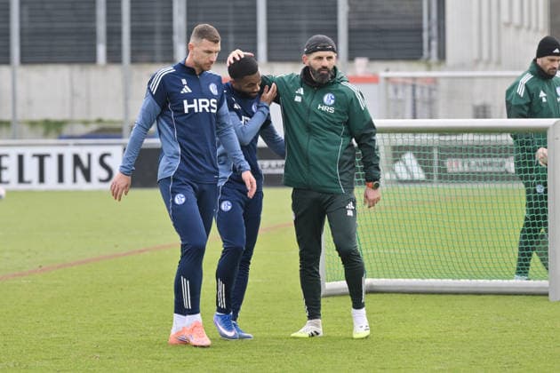 Edin Dzeko FC Schalke 04 , Moussa Sylla FC Schalke 04 , Coach Miron Muslic FC Schalke 04 , v li 23 01 2026, Football 2 Bundesliga, Season 2025 2026, Training FC Schalke 04 Gelsenkirchen Nordrhein Westfalen Germany Team2