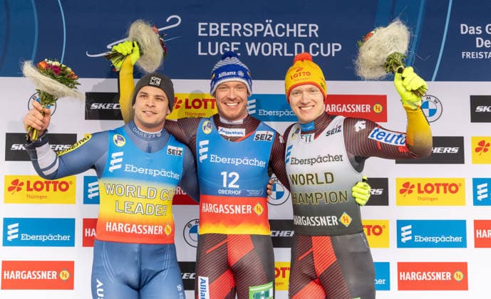 picture: Jonas Müller (AUT), Felix Loch (GER), Max Langenhan (GER) 23.01.2026 luge 7. FIL Eberspächer Luge World Cup, LOTTO Thüringen Ice Arena Oberhof, Germany (GER) Men™s Singles photographer: FIL Michael Kristen *** picture Jonas Müller AUT , Felix Loch GER , Max Langenhan GER 23 01 2026 luge 7 FIL Eberspächer Luge World Cup, LOTTO Thüringen Ice Arena Oberhof, Germany GER Men™s Singles photographer FIL Michael Kristen