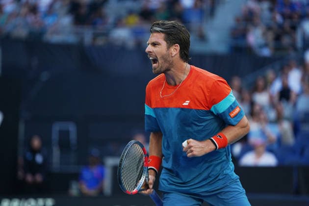 (260123) -- MELBOURNE, Jan. 23, 2026 -- Cameron Norrie celebrates scoring during the men s singles 3rd round match between Alexander Zverev of Germany and Cameron Norrie of Britain at the Australian Open tennis tournament in Melbourne, Australia, Jan. 23, 2026. (Photo by Xinhua) (SP)AUSTRALIA-MELBOURNE-TENNIS-AUSTRALIAN OPEN-MEN S SINGLES WangxShen 