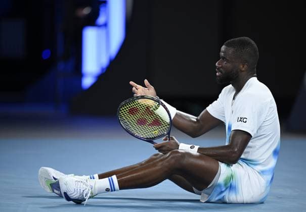 (260123) -- MELBOURNE, Jan. 23, 2026 -- Frances Tiafoe reacts during the men s singles 3rd round match between Alex de Minaur of Australia and Frances Tiafoe of the United States at the Australian Open tennis tournament in Melbourne, Australia, Jan. 23, 2026. (Photo by Xinhua) (SP)AUSTRALIA-MELBOURNE-TENNIS-AUSTRALIAN OPEN-MEN S SINGLES WangxShen 