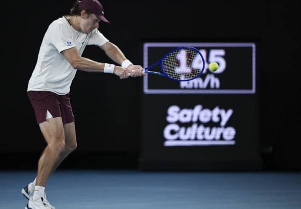 (260123) -- MELBOURNE, Jan. 23, 2026 -- Alex de Minaur hits a return during the men s singles 3rd round match between Alex de Minaur of Australia and Frances Tiafoe of the United States at the Australian Open tennis tournament in Melbourne, Australia, Jan. 23, 2026. (Photo by Xinhua) (SP)AUSTRALIA-MELBOURNE-TENNIS-AUSTRALIAN OPEN-MEN S SINGLES WangxShen 