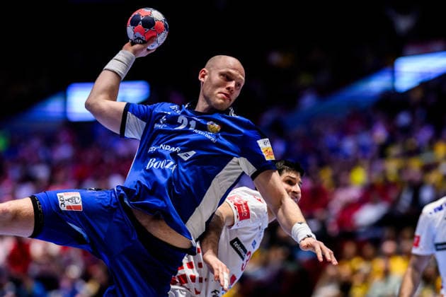 260123 Arnar Freyr Arnarsson of Iceland during the EHF European Handball Championship main round match between Iceland and Croatia on January 23, 2026 in Malmö Photo Petter Arvidson BILDBYRAN kod PA PA1134 handball handball handball handballs em 2026 croatia croatia island iceland ehf european handball championship bbeng grappa33  Copyright: PETTERxARVIDSON BB260123PA029