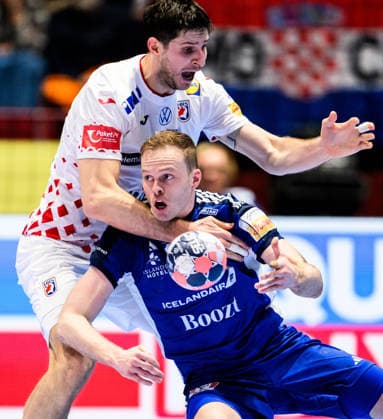 260123 Marko Mamic of Croatia and Omar Ingi Magnusson of Iceland during the EHF European Handball Championship main round match between Iceland and Croatia on January 23, 2026 in Malmö Photo Petter Arvidson BILDBYRAN kod PA PA1134 handball handball handball handballs em 2026 croatia kroatien island iceland ehf european handball championship bbeng grappa33  Copyright: PETTERxARVIDSON BB260123PA057