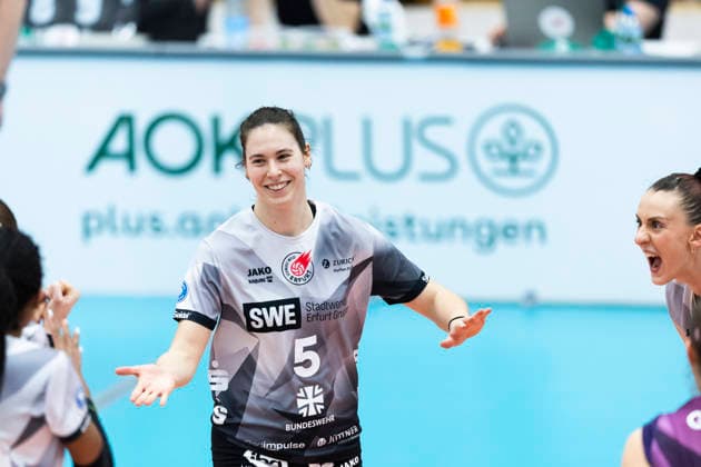 1 Volleyball Bundesliga Women Schwarz Weiss Erfurt vs VC Wiesbaden Erfurt 23 01 2026 Jubel, Emilie Respaut 5 Schwarz Weiss Erfurt 1 Volleyball Bundesliga Women Schwarz Weiss Erfurt vs VC Wiesbaden Riethsporthalle Erfurt 23 01 2026 Copyright: xBEAUTIFULxSPORTS Duehringx