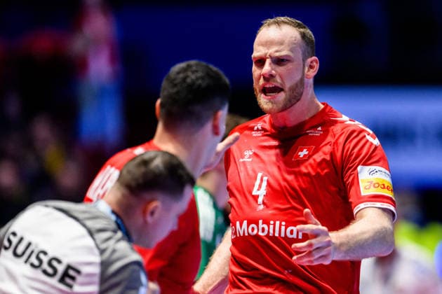 260123 Lenny Rubin of Switzerland celebrates after 6 4 during the EHF European Handball Championship main round match between Switzerland and Hungary on January 23, 2026 in Malmö Photo Petter Arvidson BILDBYRAN kod PA PA1135 handball handball handball handballs em 2026 croatia croatia island iceland ehf european handball championship bbeng switzerland schweiz ungern hungary jubel celebrates  Copyright: PETTERxARVIDSON BB260123PA124