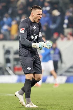 23 01 2026, xtvx, Fußball 2 Bundesliga, SV Darmstadt 98 1 FC Nürnberg v l Goal scored, Tor zum 1 0 Hiroki Akiyama SV Darmstadt 98 Torjubel, Goal celebration, celebrate the goal, celebrates scoring goalkeeper Marcel Schuhen SV Darmstadt 98 DFL DFB REGULATIONS PROHIBIT ANY USE OF PHOTOGRAPHS as IMAGE SEQUENCES and or QUASI VIDEO Darmstadt