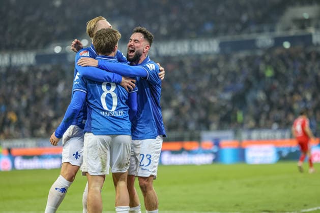 GER, Darmstadt, SV Darmstadt 98 vs 1 FC Nürnberg, 2 Bundesliga, Football, DFB, Season 2025 2026, Merck Stadion am Böllenfalltor, 19 Matchday in picture Luca Marseiler SV Darmstadt 98 8 , scores the 2 0, goal and cheers, joy, emotions, Marco Richter SV Darmstadt 98 23 DFB DFL REGULATIONS PROHIBIT ANY USE OF PHOTOGRAPHS AS IMAGE SEQUENCES AND OR QUASI VIDEO, 23 01 2026 Copyright: HMBxMedia HendrikxHamelau