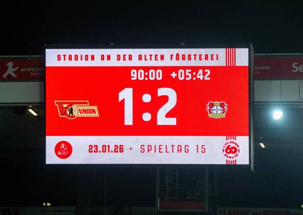 Soccer, Women, Season 2025 2026, Google Pixel Women Bundesliga 15 Matchday , 1 FC Union Berlin Bayer 04 Leverkusen, Scoreboard with 1 2 Final Score, 23 01 2026, Copyright: xMatthiasxKochx