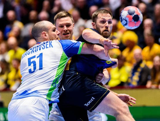 260123 Borut Mackovsek of Slovenia and Albin Lagergren of Sweden during the EHF European Handball Championship main round match between Slovenia and Sweden on January 23, 2026 in Malmö Photo Petter Arvidson BILDBYRAN kod PA PA1136 handball handball handball handballs em 2026 sverige sweden slovenia slovenien ehf european handball championship bbeng  Copyright: PETTERxARVIDSON BB260123PA151