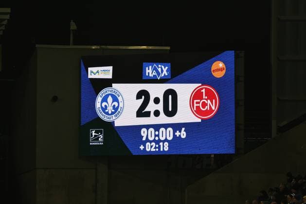 23 01 2026 Soccer Season 2025 2026 2 Soccer Bundesliga 19 Matchday SV Darmstadt 98 SVD D98 Lilien 1 FC Nürnberg FCN Club Sportfoto Zink DaMa xdaxmax DFL regulations prohibit any use of photographs as image sequences and or quasi video only for editorial use Symbolbild Symbolfoto Feature Impression Scoreboard with final score 2 0 for SV Darmstadt