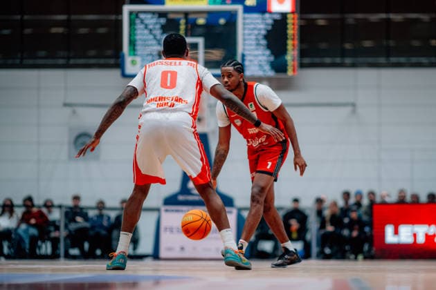 BB 2BL SBB Baskets Rheinstars Koeln Cedric Cezell Russell Jr Rheinstars Koeln , Trey Thompson Stewart SBB Baskets during the 2025 2026 season in the 2 Barmer Basketball Bundesliga Pro A on matchday 19 SBB Baskets and Rheinstars Koeln at the Wolfgang Lakenmacher Halle on January 23, 2026 in Magdeburg, Sachsen Anhalt, Germany