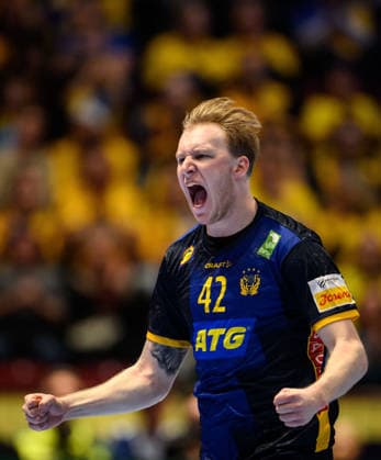 260123 Eric Johansson of Sweden celebrates during the EHF European Handball Championship main round match between Slovenia and Sweden on January 23, 2026 in Malmö Photo Petter Arvidson BILDBYRAN kod PA PA1136 handball handball handballs em 2026 sverige sweden Slovenia slovenien ehf european handball championship bbeng jubel  Copyright: PETTERxARVIDSON BB260123PA287